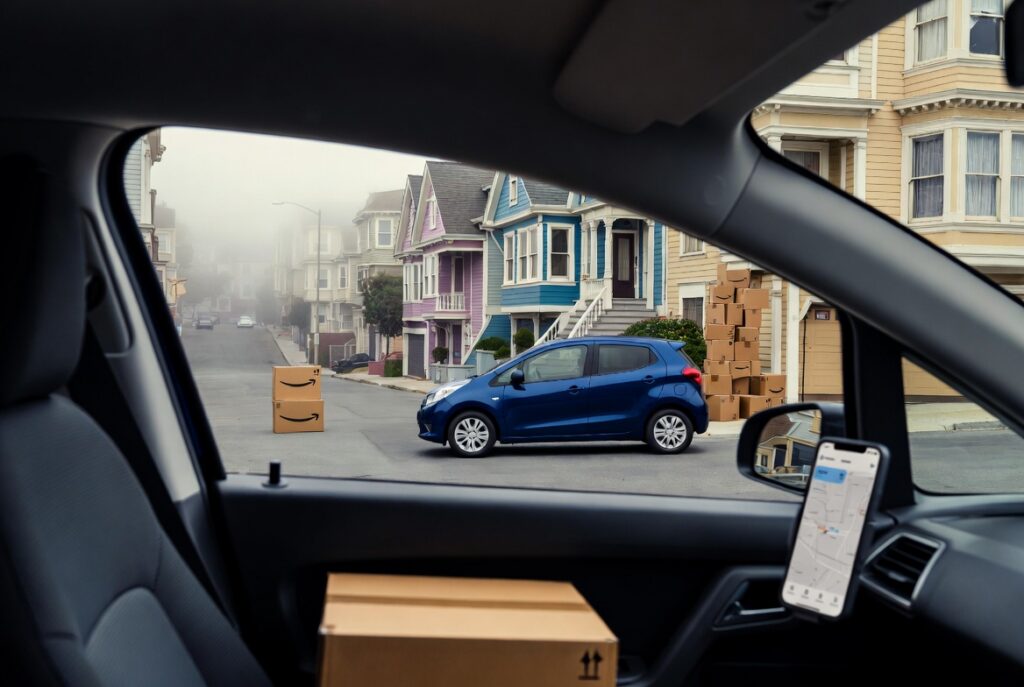 Amazon Flex driver making deliveries on a San Francisco street during an active delivery block