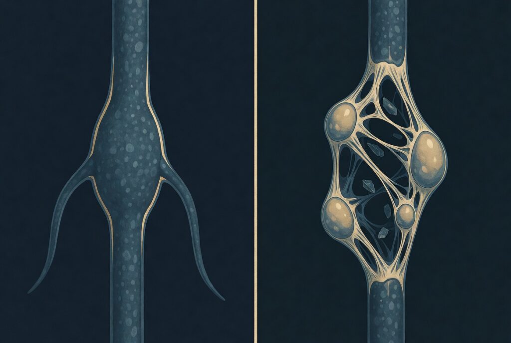 Illustration comparing a healthy axon to a degenerated axon after traumatic brain injury, showing diffuse axonal injury