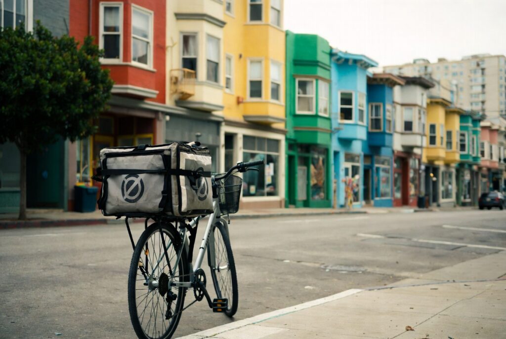 Bicicleta de reparto de comida en el Mission District de San Francisco donde ocurren accidentes de repartidores