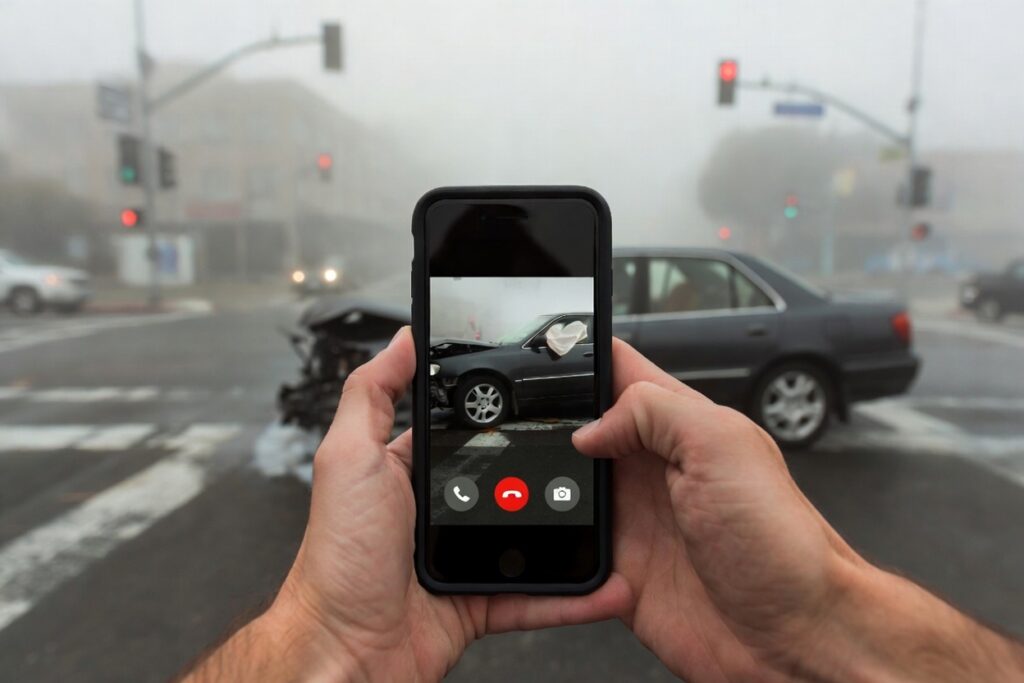 Crash victim calling a car accident lawyer for a free consultation at a foggy San Francisco intersection