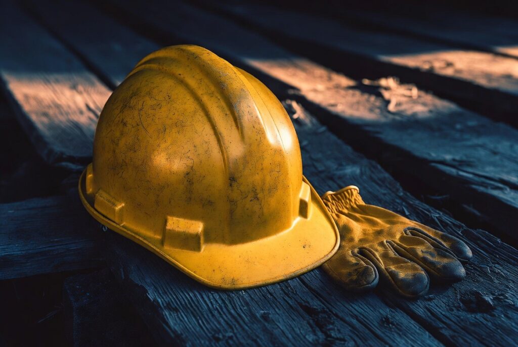 Casco y guantes de un trabajador de construcción — familias hispanas tienen derechos tras una muerte en la obra