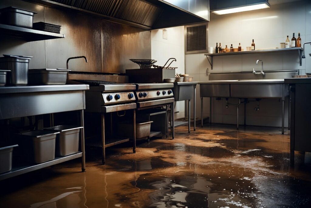 Cocina de restaurante con riesgos de quemaduras y caídas para trabajadores hispanos