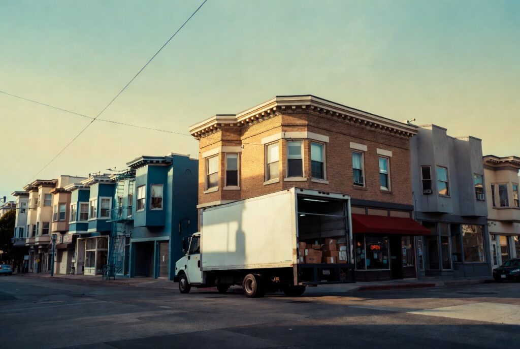 Delivery box truck on a San Francisco commercial street where FedEx truck accidents occur