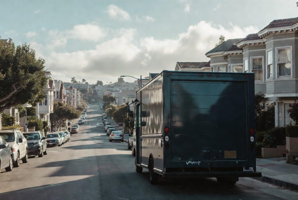 Delivery step van on a San Francisco residential street where UPS truck accidents occur
