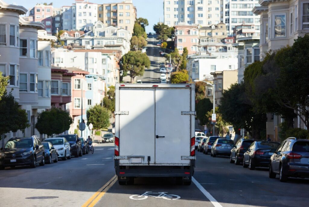 Delivery van double-parked beside a San Francisco bike lane creating a hazard