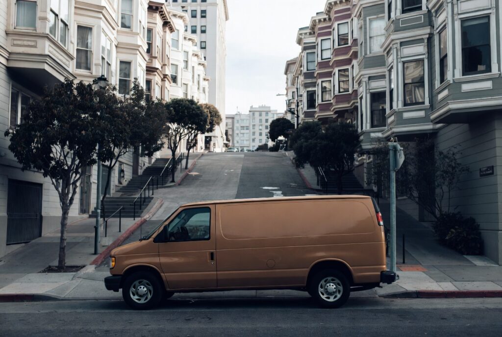Delivery van on a San Francisco street where package-delivery accidents occur