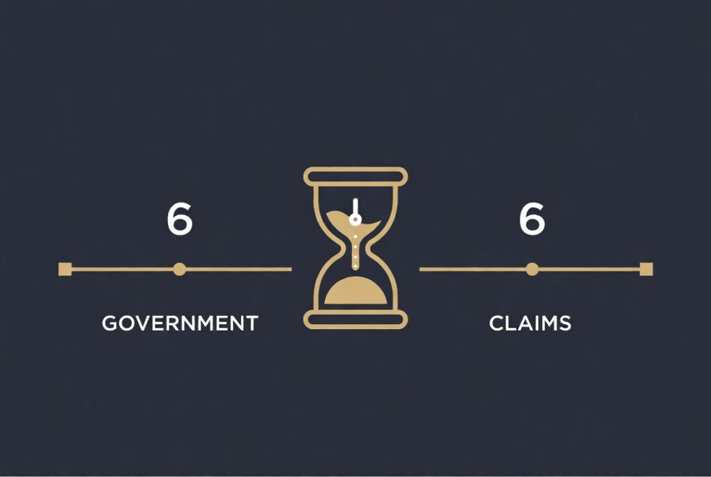 Timeline illustrating California's six-month government claim deadline and the six months to file suit after a rejection