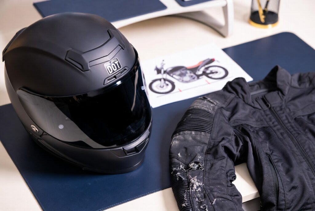 Motorcycle helmet and gear preserved as evidence in a San Francisco crash case