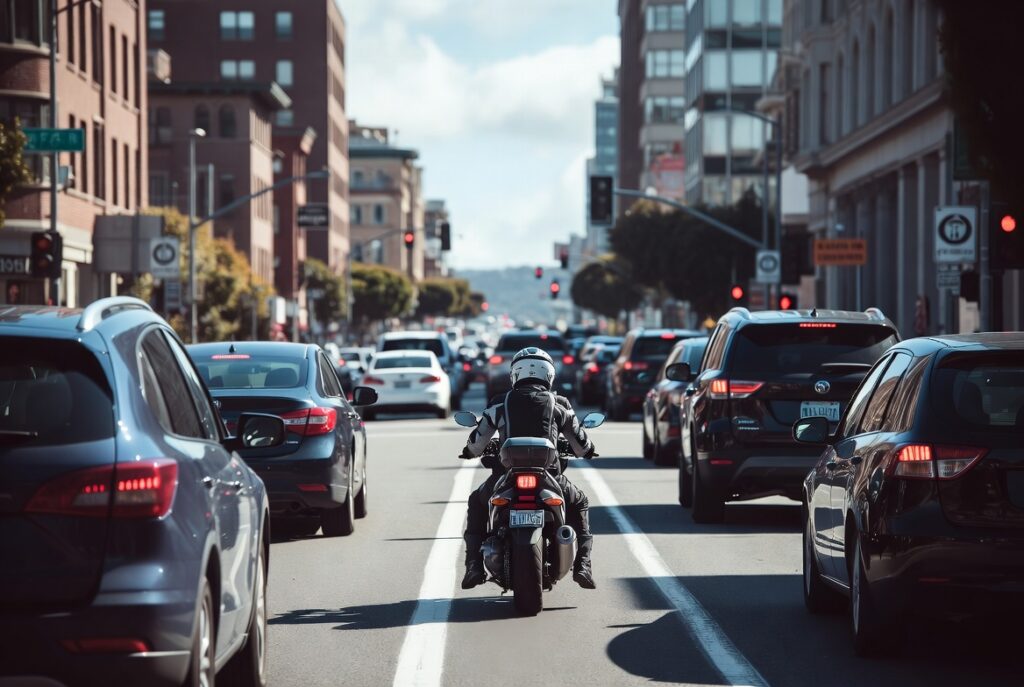 Motorcyclist lane splitting legally between cars in San Francisco traffic