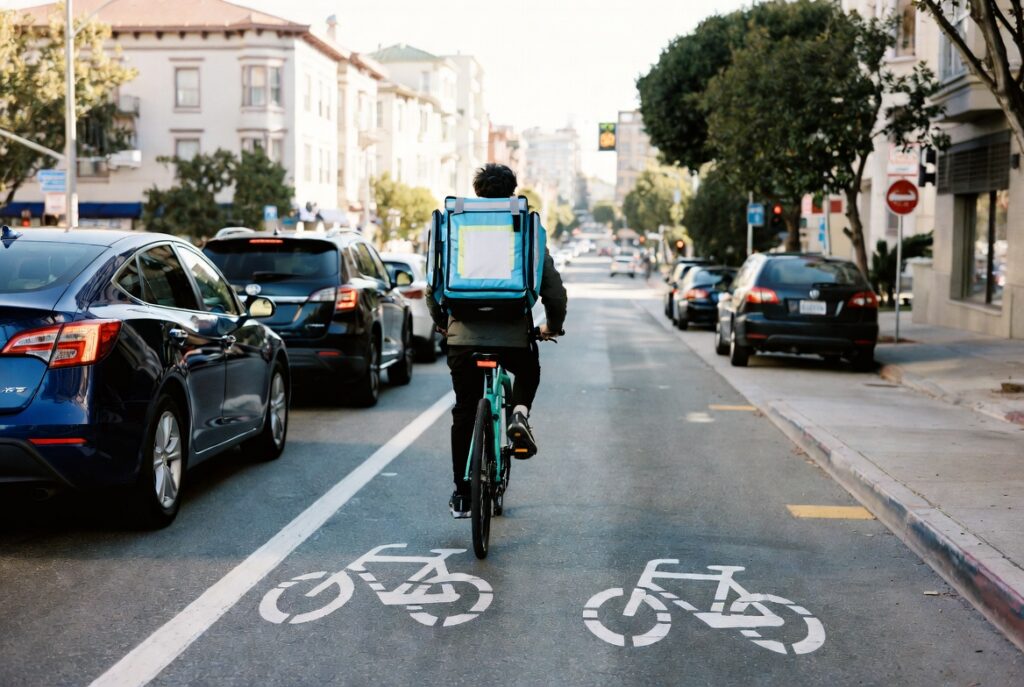 Repartidor en bicicleta en un carril de San Francisco donde ocurren accidentes con autos