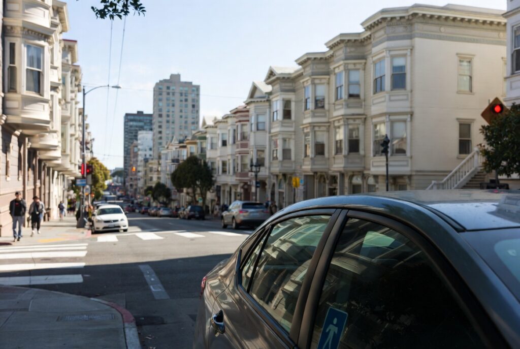 Rideshare vehicle at a San Francisco curb pickup where accidents occur