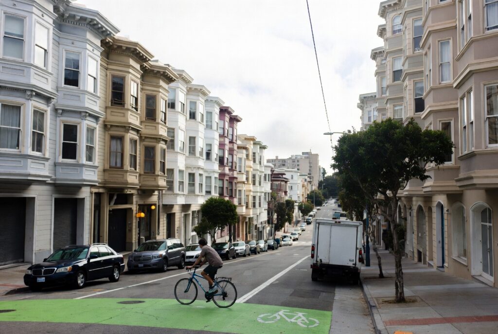 Cyclist riding past parked cars in a San Francisco bike lane where dooring accidents occur