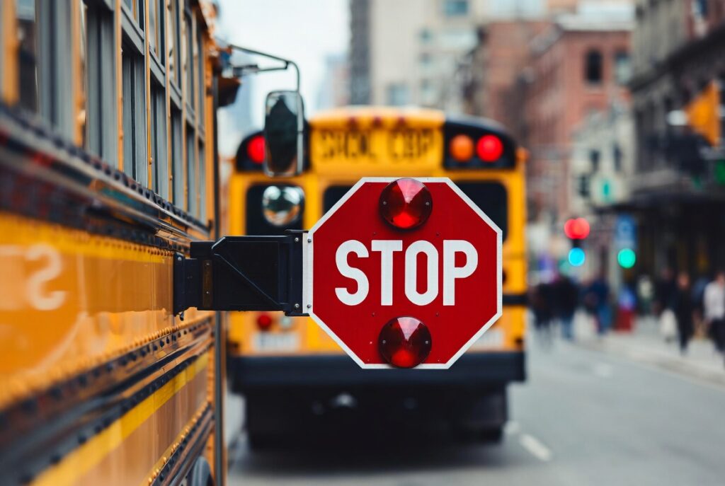 Stopped school bus with extended stop arm that drivers must stop for