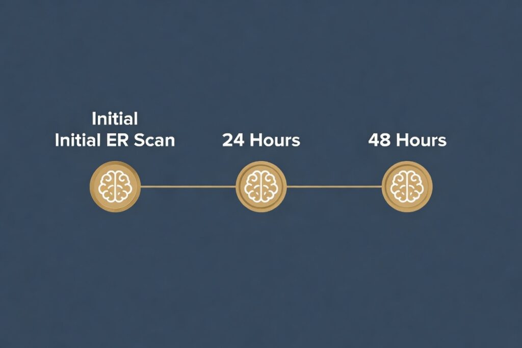 Timeline illustration showing why brain hematomas require monitoring in the 24 to 48 hours after a skull fracture
