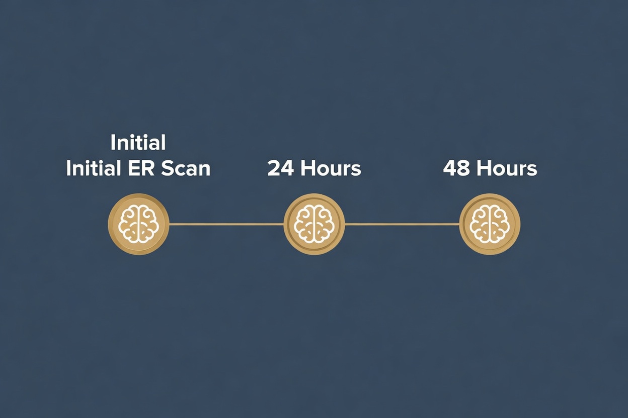 Timeline graphic showing the critical 24 to 48 hour monitoring window after a skull fracture for hematoma expansion