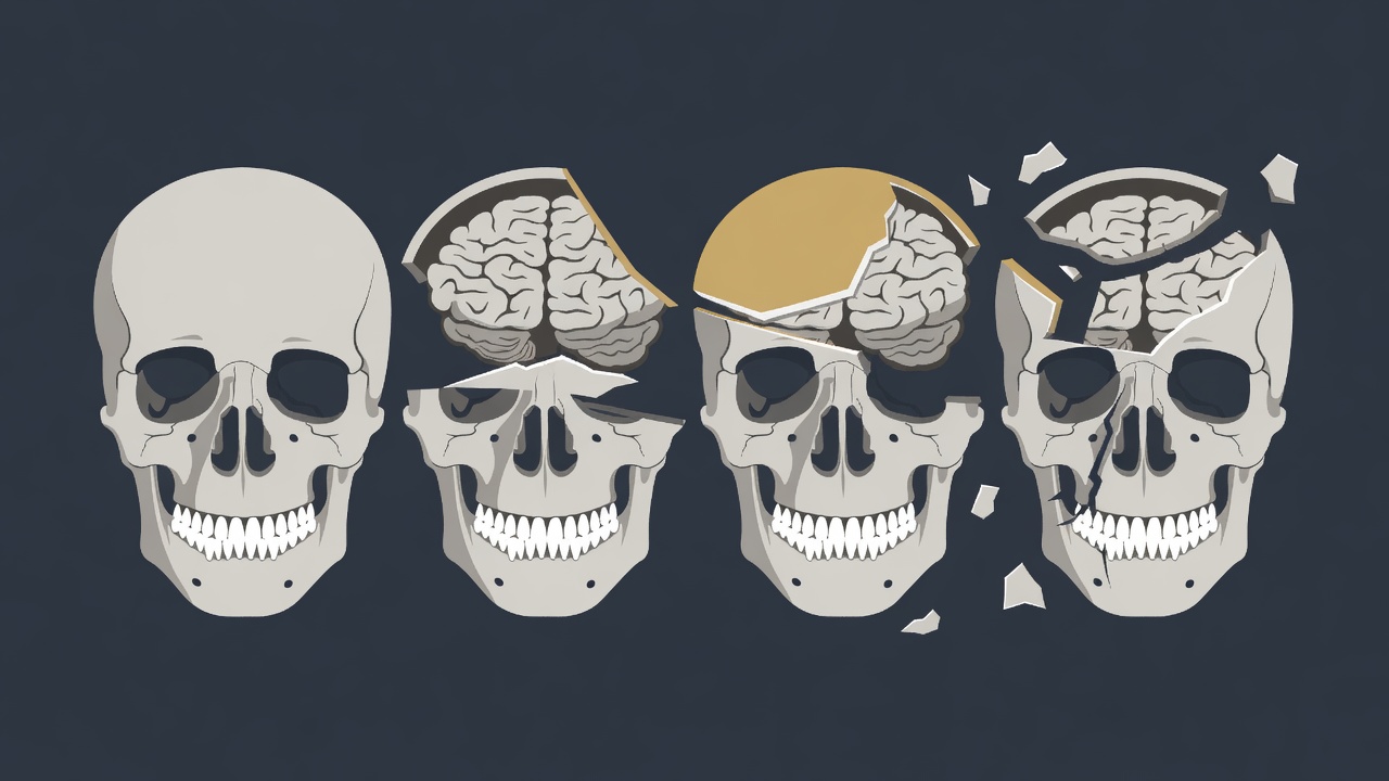 Diagram illustrating the four types of skull fracture: linear, depressed, compound, and comminuted