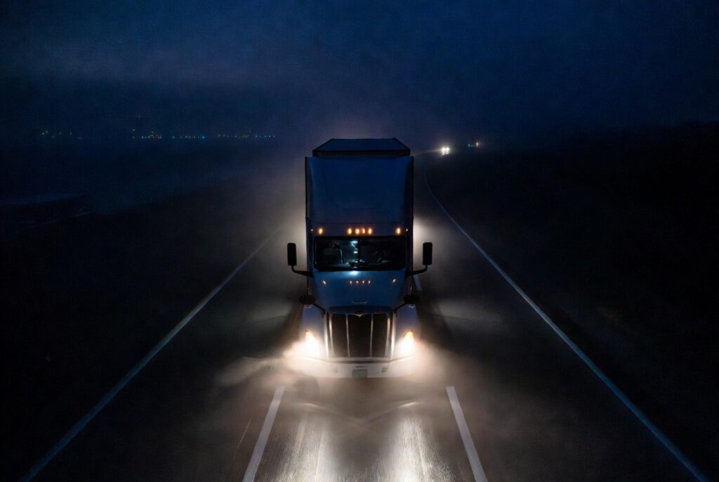 Semi-truck driving on a foggy interstate at night, illustrating fatigued truck driver accidents and hours-of-service violations