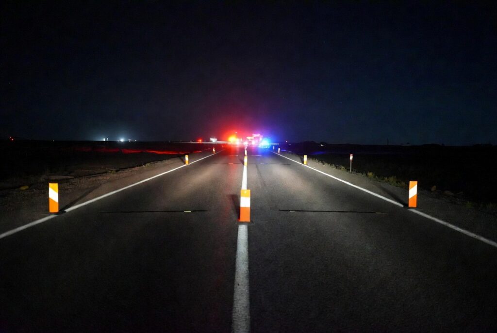 Nighttime accident investigation scene on a California highway with no skid marks visible on the pavement, evidence used to prove a drowsy driving accident