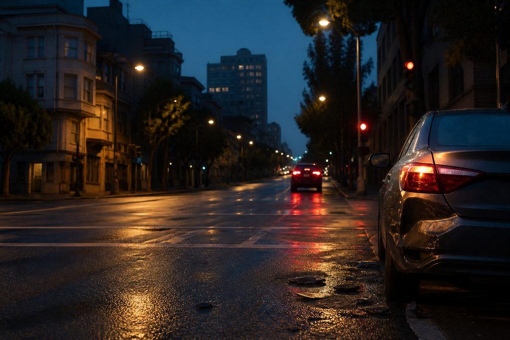 Calle de San Francisco de noche después de un atropello y fuga