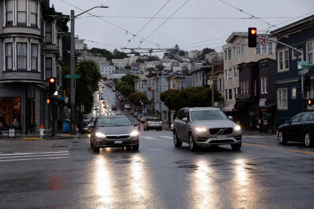 Cars on a wet San Francisco street at a hill intersection — California car accident laws