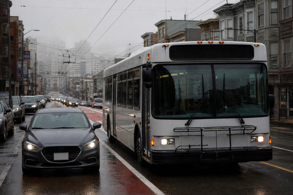City bus and sedan in foggy San Francisco traffic, a common public-entity car accident scene