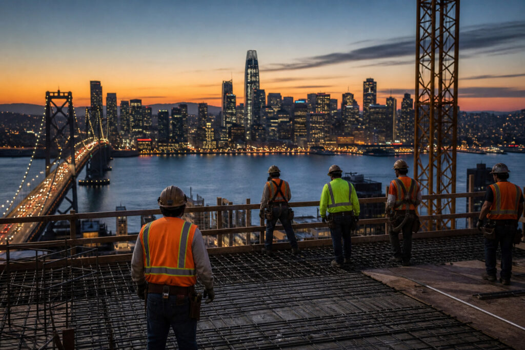 Trabajadores de construcción de espaldas en una obra del Área de la Bahía, con el Bay Bridge al fondo — una causa frecuente de TBI