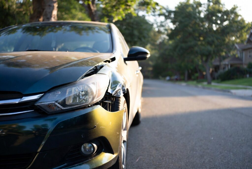 Car accident damage on a Concord city street being documented for an injury claim