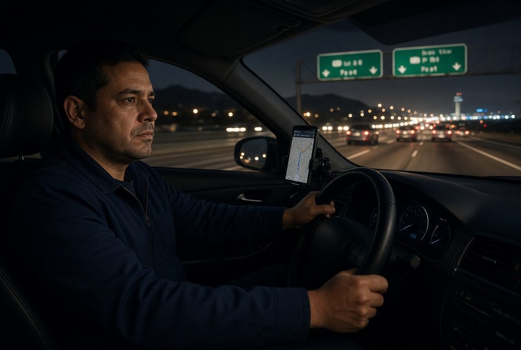 Conductor hispano de rideshare manejando de noche en la Península de San Mateo, trayecto típico hacia el aeropuerto SFO.