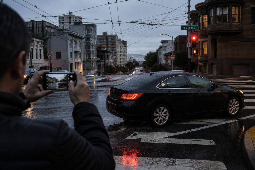 Documenting a rideshare accident scene with a smartphone on Battery Street in San Francisco — preserving evidence is critical