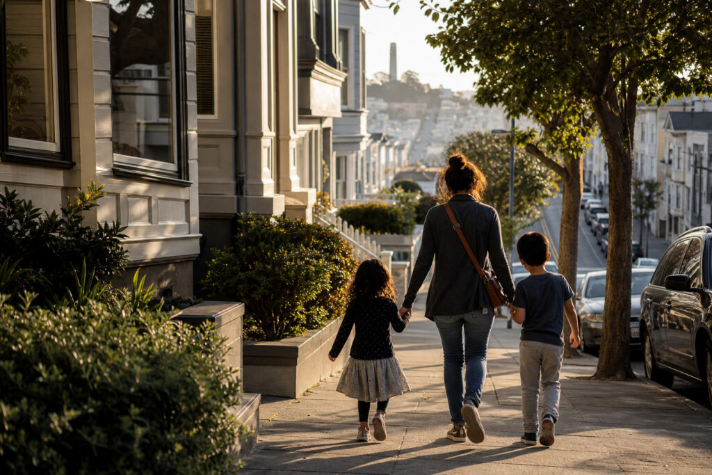 Adulto y dos niños caminando de espaldas por un vecindario de San Francisco, con la Torre Coit al fondo