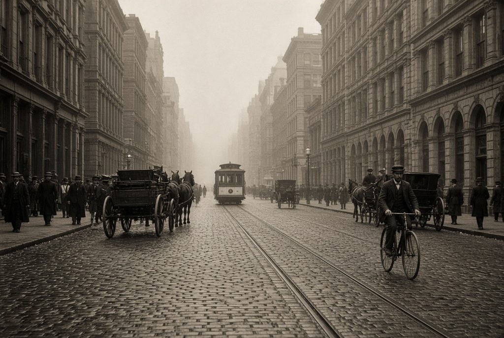 A reconstructed early-1900s view of Market Street in San Francisco, then nicknamed the Slot, with cable car tracks down the cobblestones, horse-drawn wagons, and a period cyclist riding beside the rails.