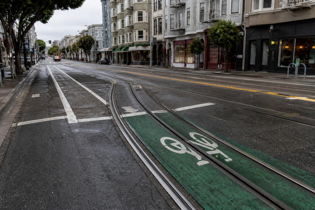 Muni tracks cutting through a San Francisco bike lane