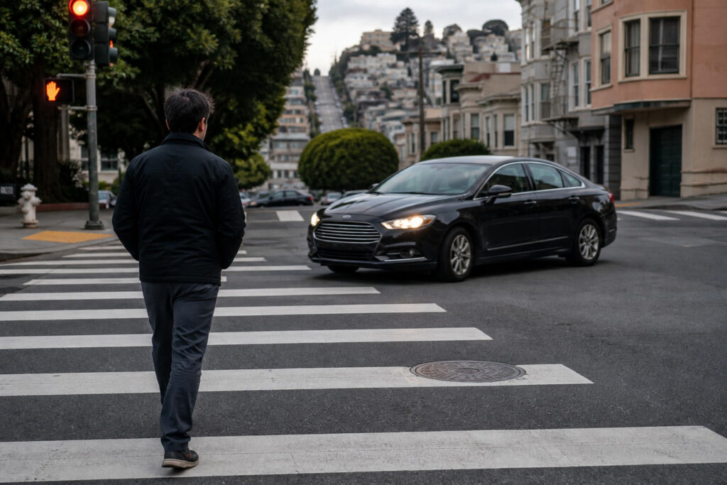 Pedestrian in a marked San Francisco crosswalk as a sedan makes a left turn