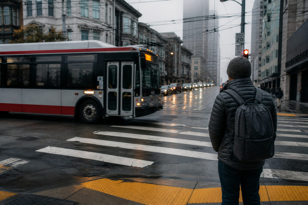 Pedestrian waiting at a foggy San Francisco crosswalk as a city bus passes, a common public-entity pedestrian accident scene