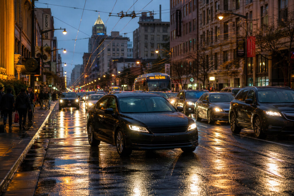 Dense downtown San Francisco traffic with cars, pedestrians, and a Muni bus — common locations for Uber and Lyft accidents