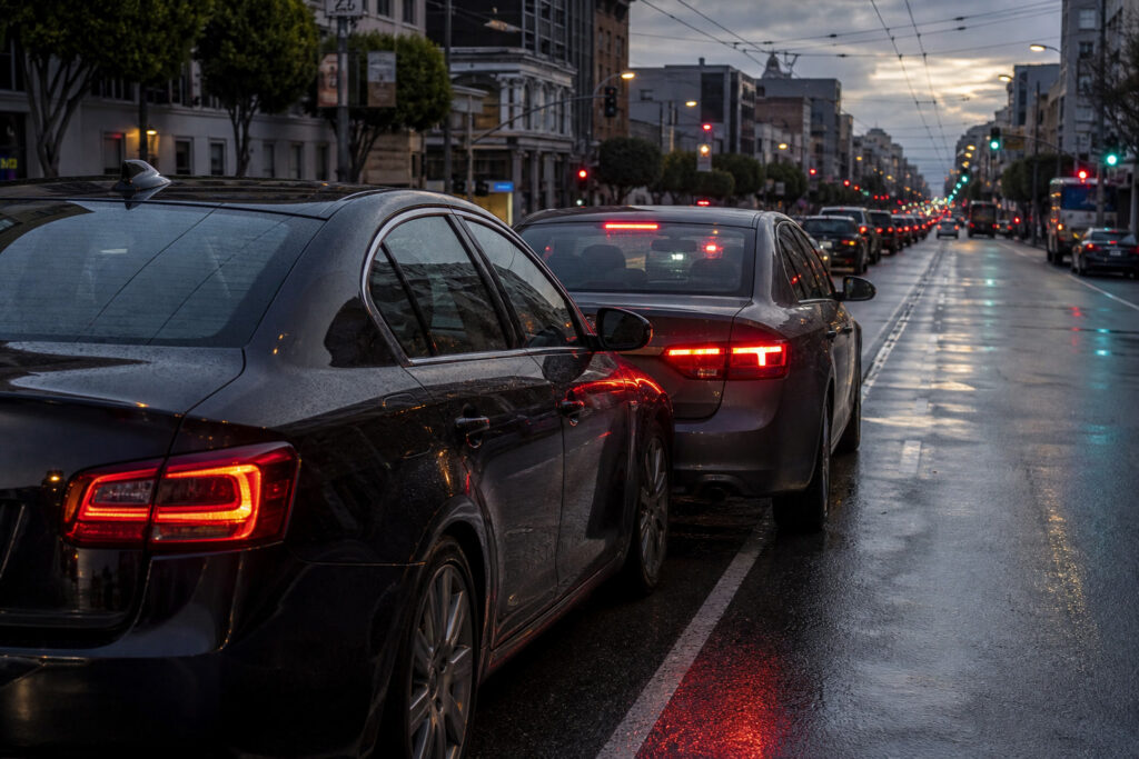 Tráfico denso en una avenida de San Francisco al anochecer — las colisiones traseras ocurren con frecuencia en el tráfico de la ciudad