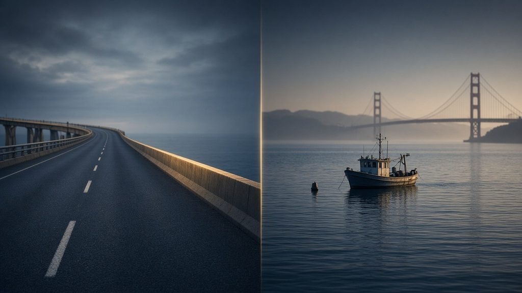 Split view of an empty bridge roadway beside a small fishing boat on San Francisco Bay under the Golden Gate, illustrating admiralty jurisdiction versus a car-crash case.