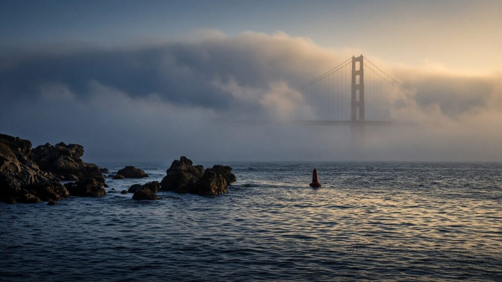 Foggy Golden Gate Bridge tower over navy Bay water with rocky shoreline and a red navigation buoy, showing hazards that can determine fault in a boat crash.