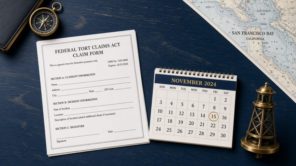 Desk still life with a blank federal claim form, a calendar deadline marked in gold, a San Francisco Bay chart, and a brass compass — FTCA administrative claim timing.