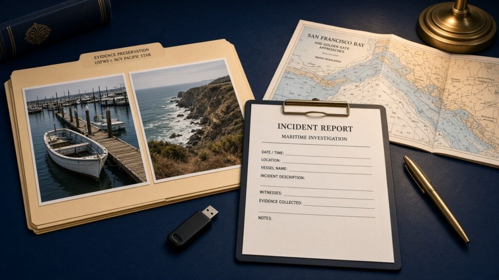 Evidence-preservation desk with vessel and shoreline photos (no people), a blank maritime incident report, USB drive, and San Francisco Bay nautical chart.