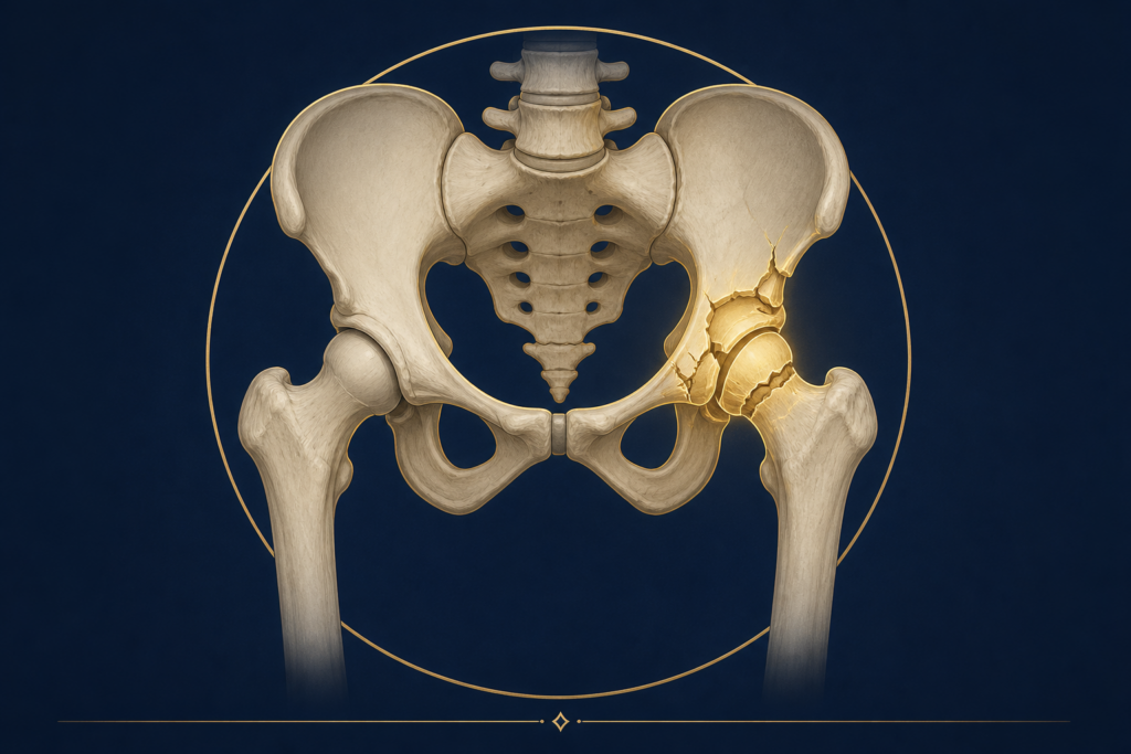 Medical illustration of a pelvis and hip with fracture highlight for a catastrophic hip injury settlement