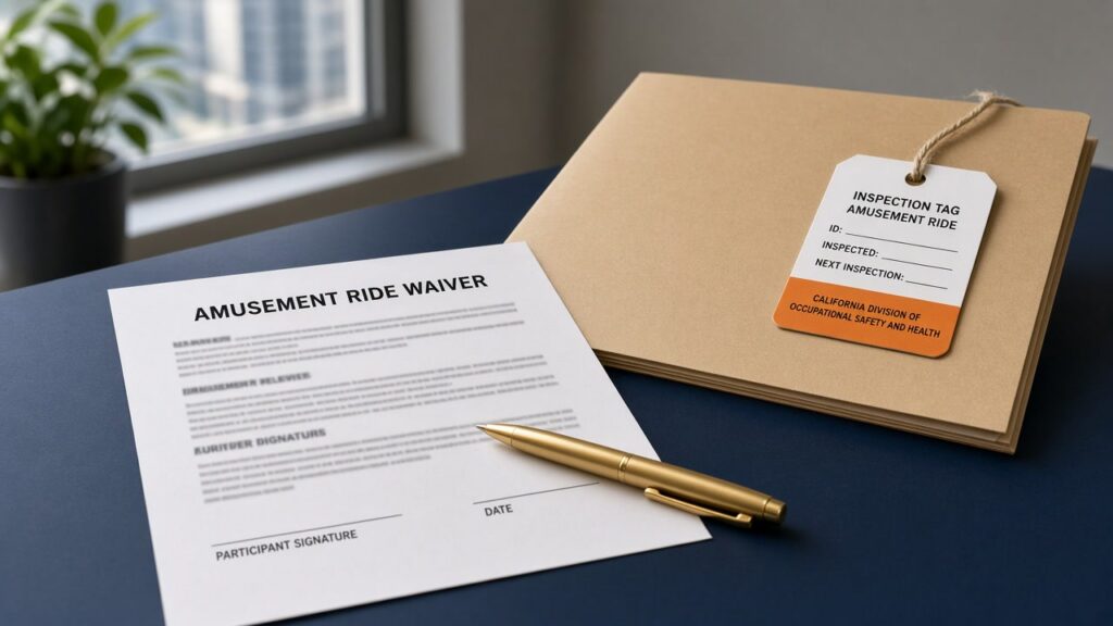 Amusement ride waiver and California inspection tag on a desk showing why a signed waiver is not the end of a claim