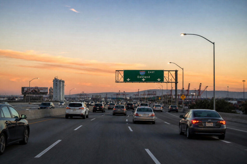 Autopista Interestatal 880 en la Bahía Este al atardecer, tráfico hacia Oakland