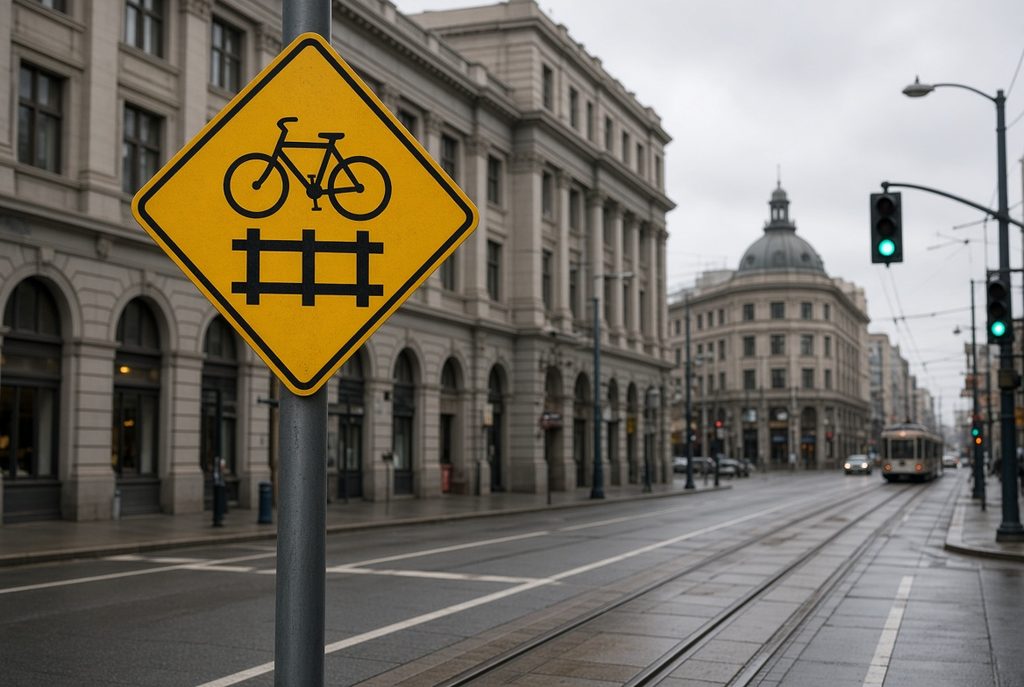 A yellow diamond warning sign showing a bicycle over railroad tracks stands at a San Francisco intersection, with streetcar rails and a streetcar visible down the corridor.