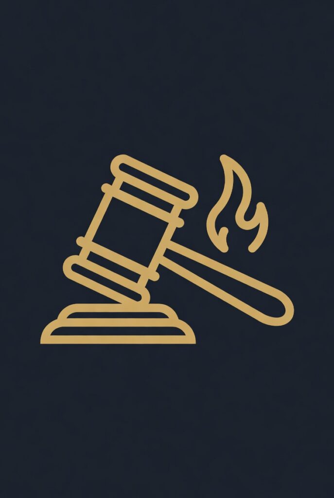 Icon of a gavel with a flame representing burn injury liability claims
