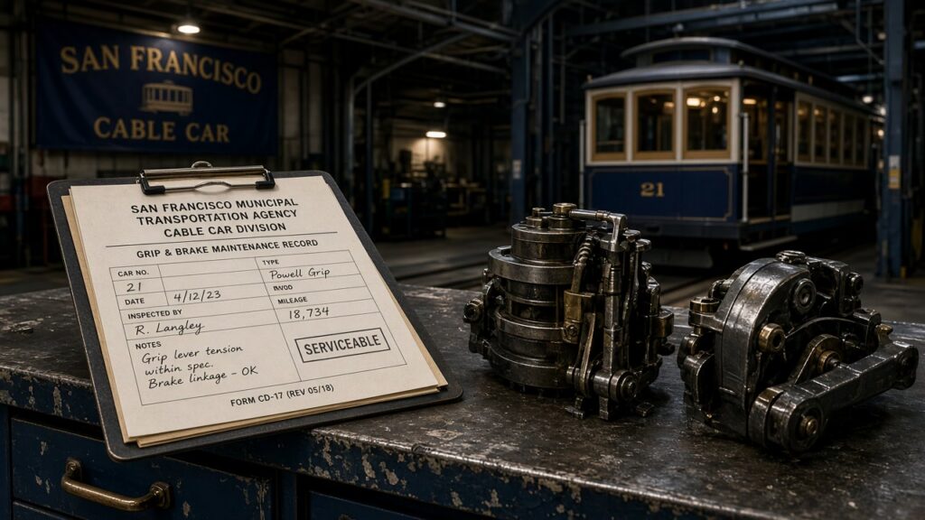 Cable car maintenance bay with grip and brake inspection records for discovery in a Muni lawsuit