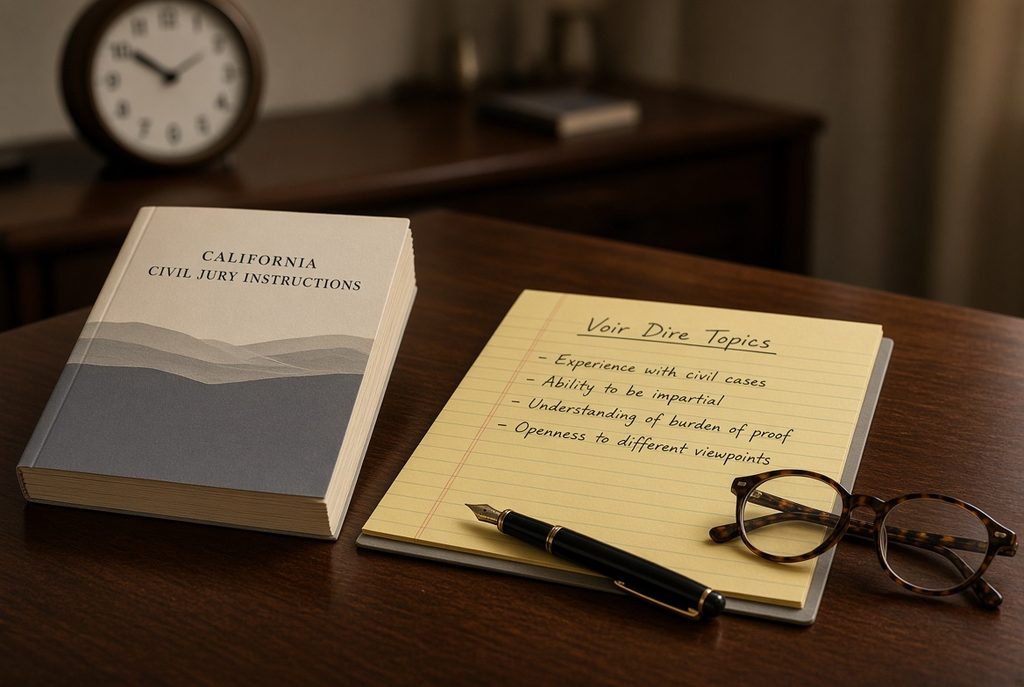 A California Civil Jury Instructions book sits on a desk next to a legal pad titled “Voir Dire Topics,” a fountain pen, tortoiseshell glasses, and a blurred analog clock.