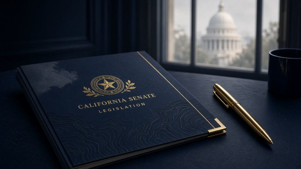California Senate legislation folder illustrating SB 492 wildfire liability reform that failed