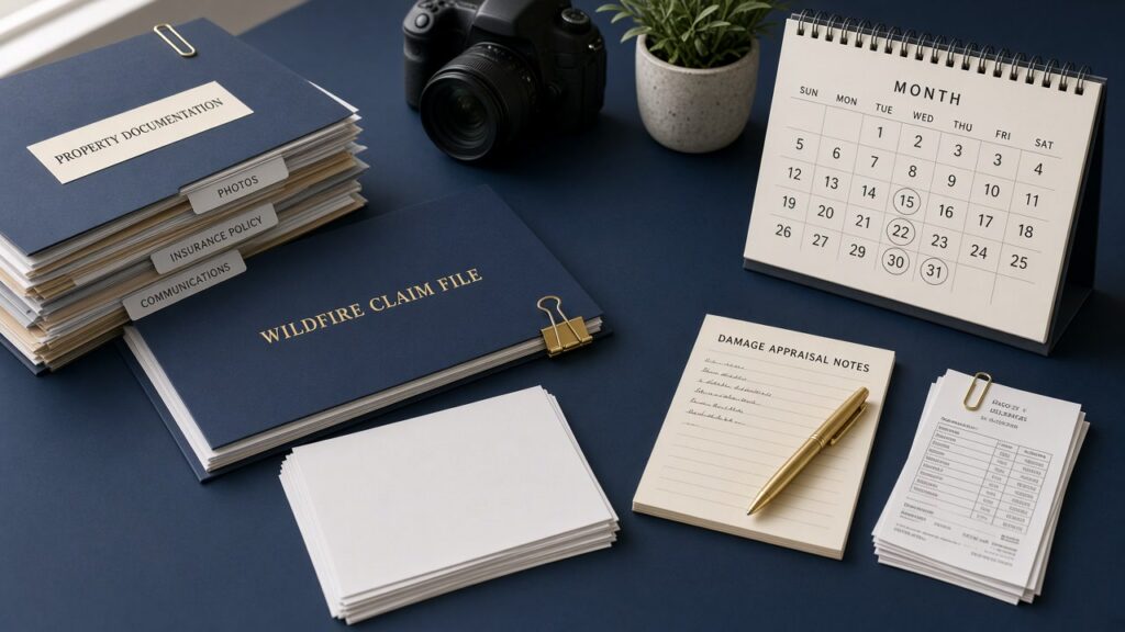 Wildfire claim documentation folders and deadline calendar for California property and injury claims