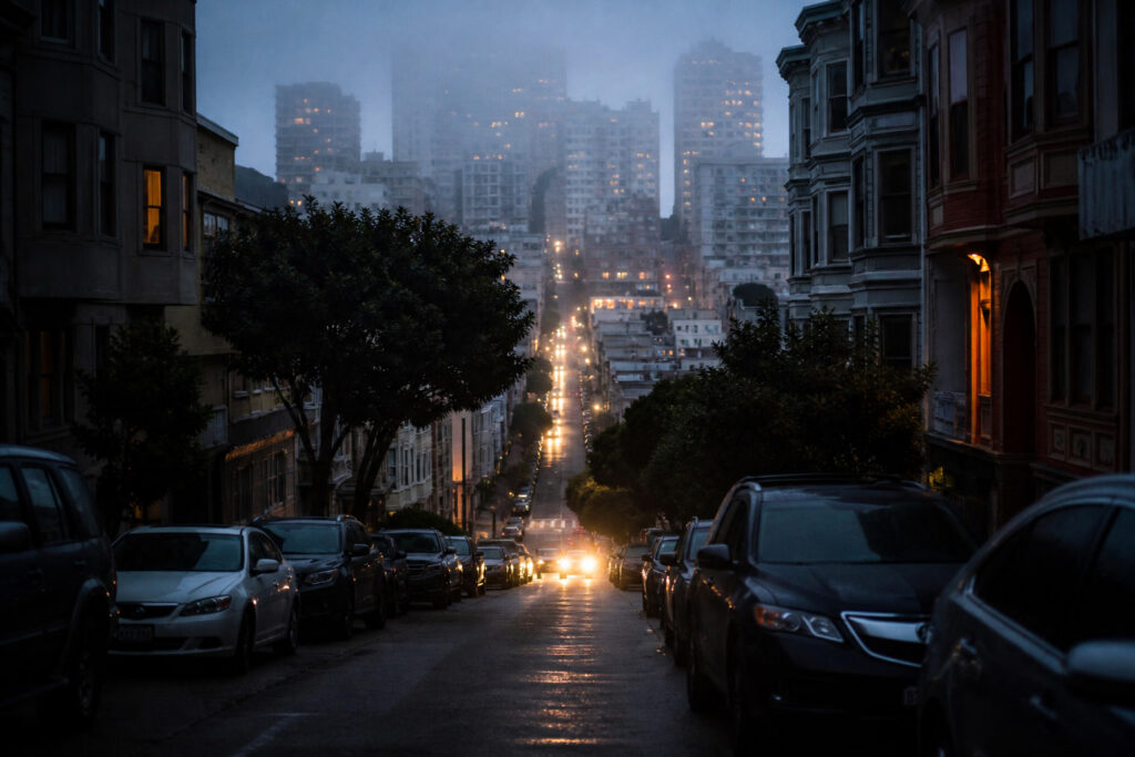 Calle con neblina al anochecer en San Francisco, ilustrando la visibilidad limitada del conductor